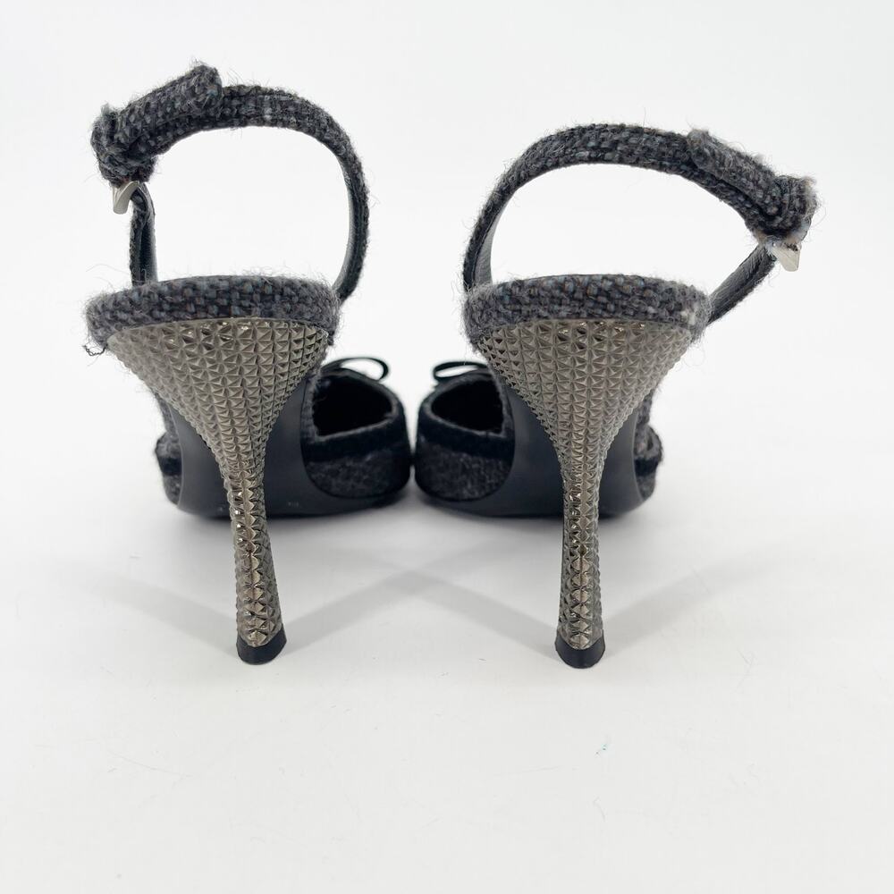 Vintage Prada Gray Tweed Crystal Bow Detail Slingback Pointed Toe Heels IT 38.5 - Picture 9 of 11
